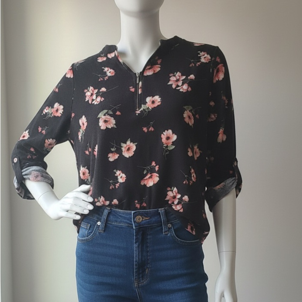 Black and Pink Boxy Long Sleeve Blouse